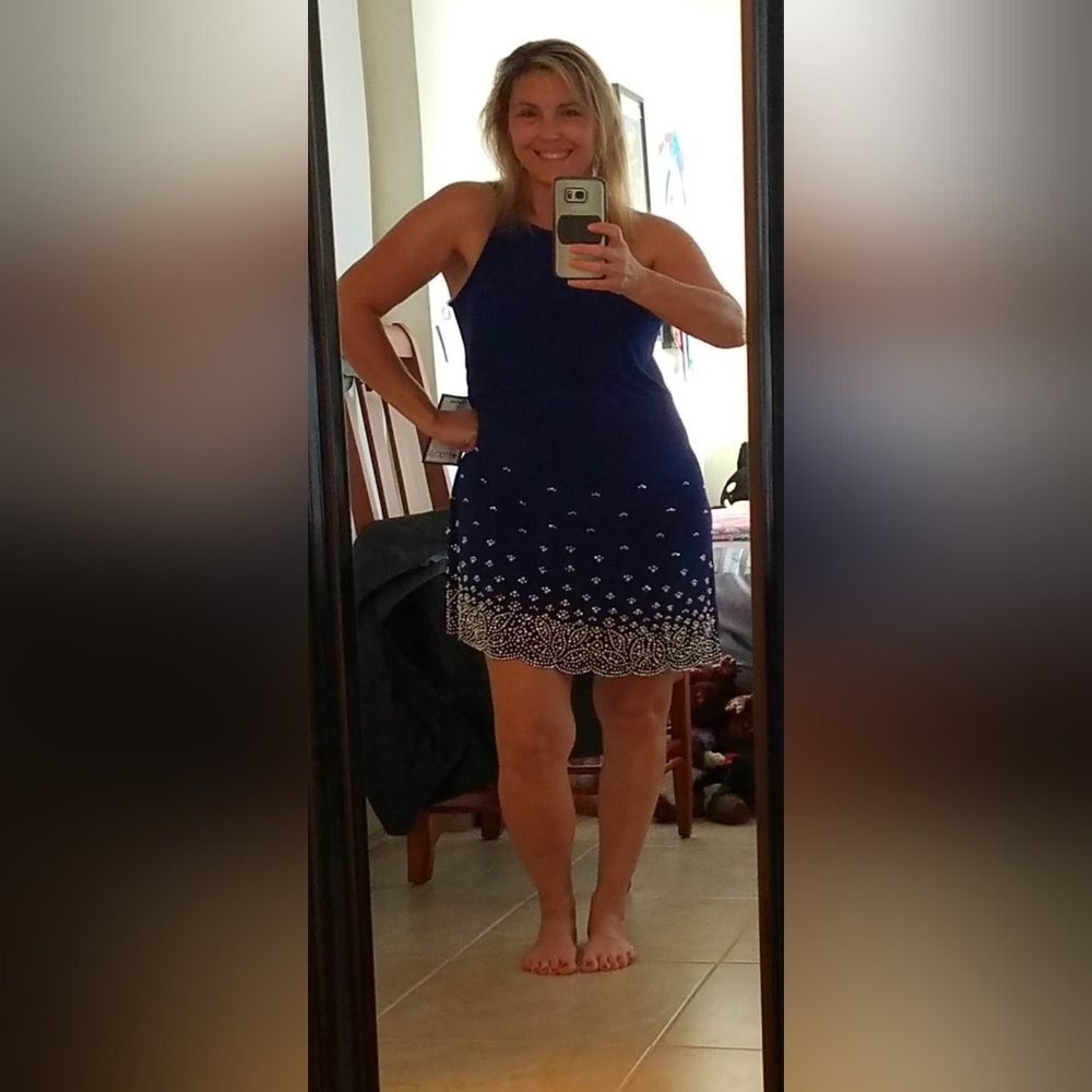 Beautiful Dark Blue Dress Size M by MSK with Rhinestones and Pearls (extra incl)